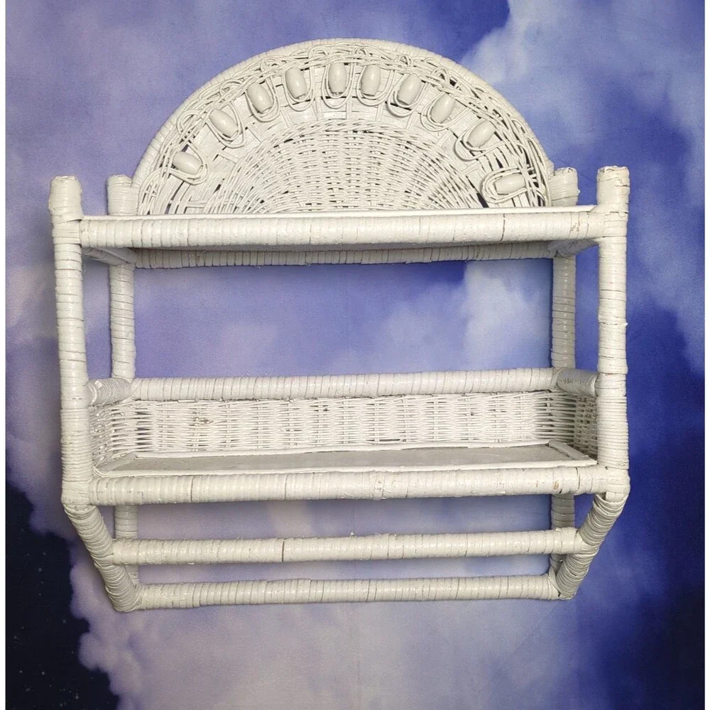 Vintage White Wicker Rattan Hanging Wall Shelf Boho Cottagecore Peacock Style
